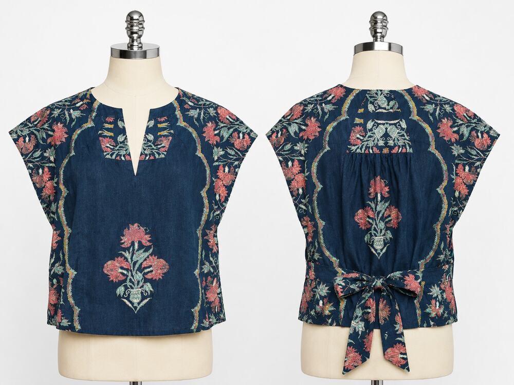 Free People Dark Combo Floral Linen Blend Tie Waist Blouse Women's Small NWT